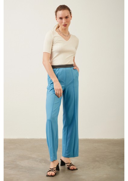 Kadın Pantolon Beli Lastikli Geniş Paça Pantolon Mavi - E044 modelleri