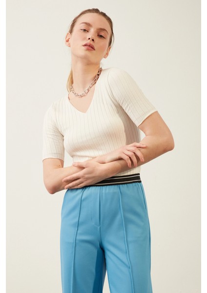 Kadın Pantolon Beli Lastikli Geniş Paça Pantolon Mavi - E044 fırsatları