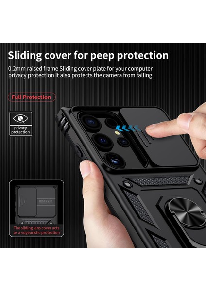 Samsung Galaxy S23 Ultra Uyumlu Ekran Koruyucu Kılıf Sürgülü Yüzüklü Standlı Darbe Emici Tank Kapak modelleri