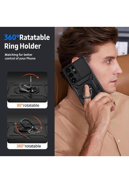 Samsung Galaxy S23 Ultra Uyumlu Ekran Koruyucu Kılıf Sürgülü Yüzüklü Standlı Darbe Emici Tank Kapak