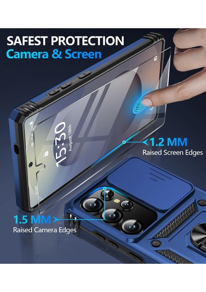 Samsung Galaxy S23 Ultra Uyumlu Ekran Koruyucu Kılıf Sürgülü Yüzüklü Standlı Darbe Emici Tank Kapak