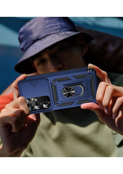 Samsung Galaxy S23 Ultra Uyumlu Ekran Koruyucu Kılıf Sürgülü Yüzüklü Standlı Darbe Emici Tank Kapak