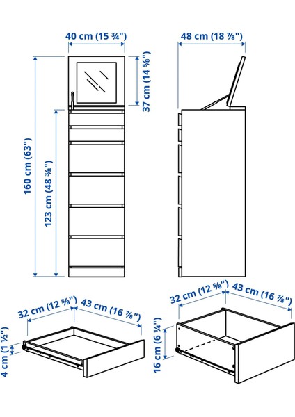 Malm 6 Çekmeceli Şifonyer Ağartılmış Meşe Kaplama 40 x 123 Cm Aynalı fiyatları