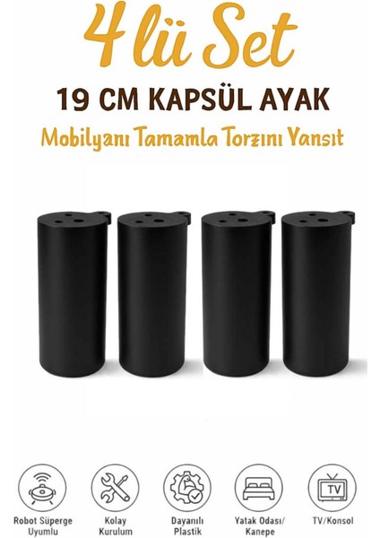Kapsül Bohem 19 cm Mobilya Kanepe Sehpa Tv Ünitesi Koltuk ve Konsol Ayağı Siyah