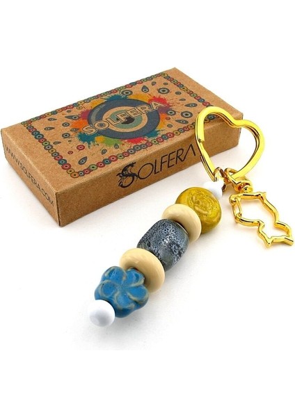 Seramik ve Murano Cam Boncuklu Çanta Süsü Kedi Charm Anahtarlık KY083