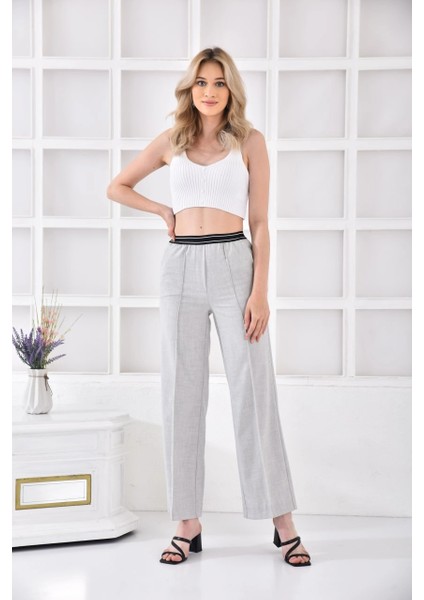 Kadın Pantolon Beli Lastikli Geniş Paça Pantolon Taş - E044