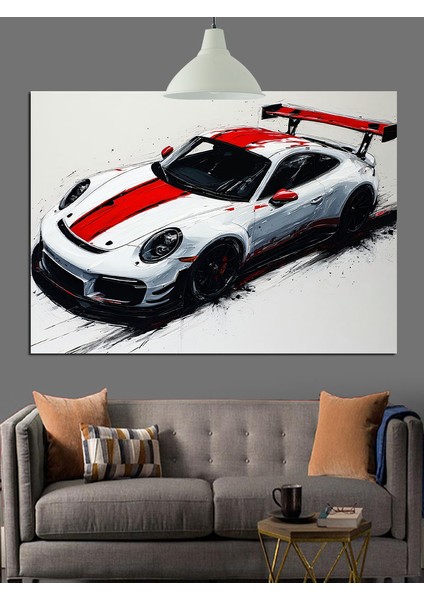 Beyaz Spor Araba Pistte Yüksek Hızla Dekoratif Kanvas - Mdf Ahşap Tablo