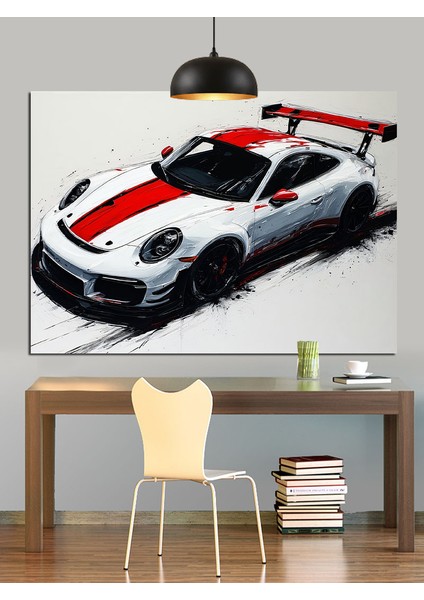 Beyaz Spor Araba Pistte Yüksek Hızla Dekoratif Kanvas - Mdf Ahşap Tablo fiyatları