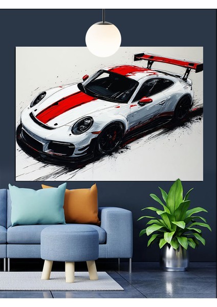 Beyaz Spor Araba Pistte Yüksek Hızla Dekoratif Kanvas - Mdf Ahşap Tablo modelleri