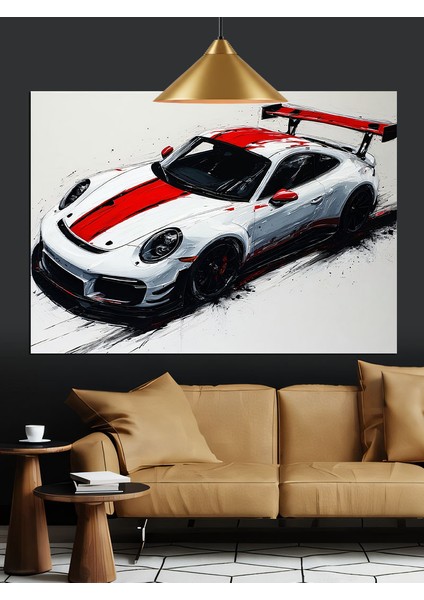 Beyaz Spor Araba Pistte Yüksek Hızla Dekoratif Kanvas - Mdf Ahşap Tablo fırsatları
