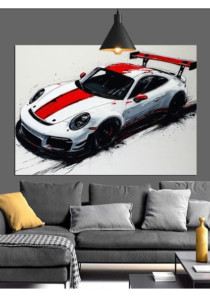 Beyaz Spor Araba Pistte Yüksek Hızla Dekoratif Kanvas - Mdf Ahşap Tablo indirimleri