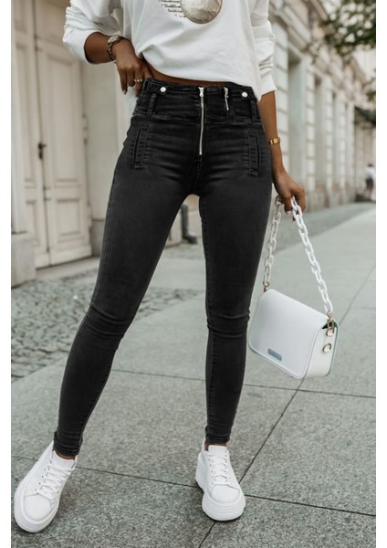 Kadın Fermuar Detay Yüksek Kemerli Kot Pantolon modelleri