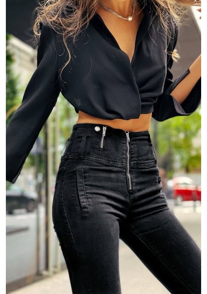 Kadın Fermuar Detay Yüksek Kemerli Kot Pantolon fırsatları