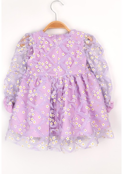 Lila Uzun Kollu Papatyalı Tül Detaylı Kız Çocuk Elbise - Hera