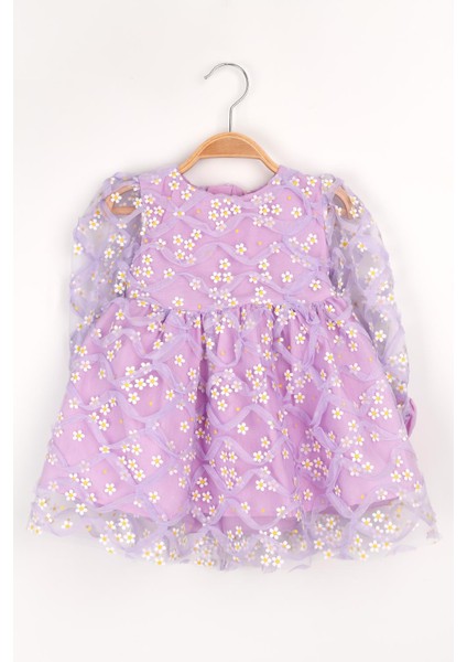 Lila Uzun Kollu Papatyalı Tül Detaylı Kız Çocuk Elbise - Hera
