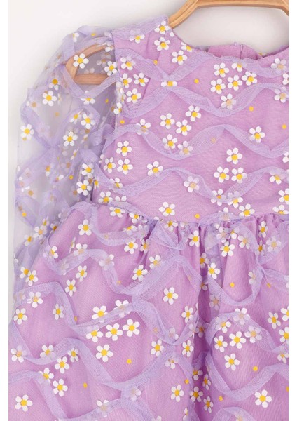 Lila Uzun Kollu Papatyalı Tül Detaylı Kız Çocuk Elbise - Hera