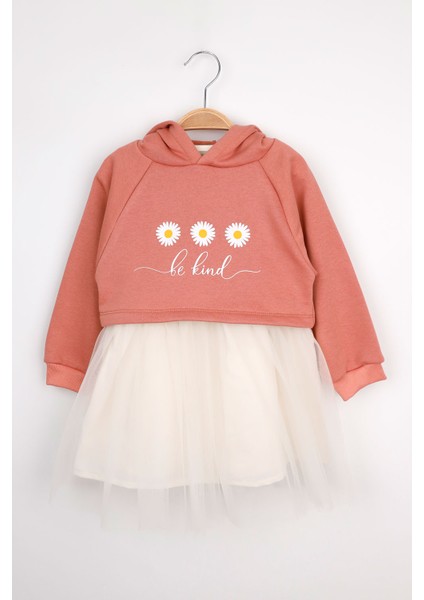 Kiremit Papatya Desenli Kapüşonlu Sweat Elbise Takım - Fleur