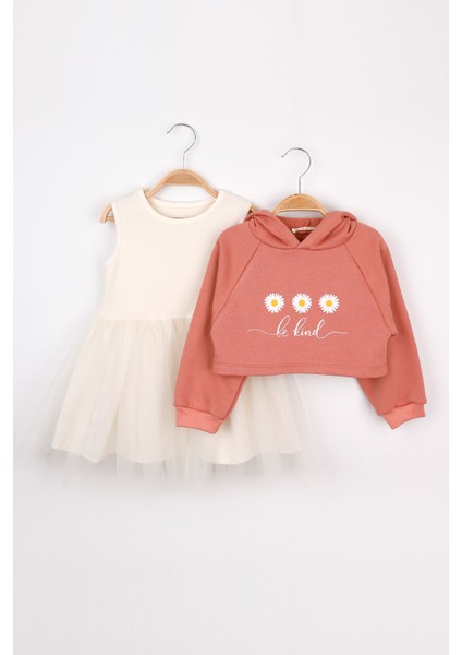 Kiremit Papatya Desenli Kapüşonlu Sweat Elbise Takım - Fleur