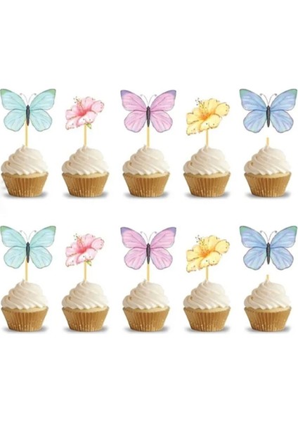 Çok Renkli Çiçek ve Kelebek Figürlü 10'lu Kürdan Pasta Süsü Set