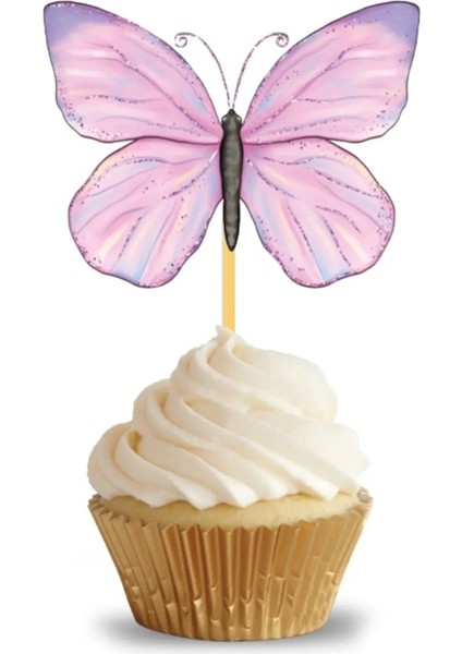 Çok Renkli Çiçek ve Kelebek Figürlü 10'lu Kürdan Pasta Süsü Set