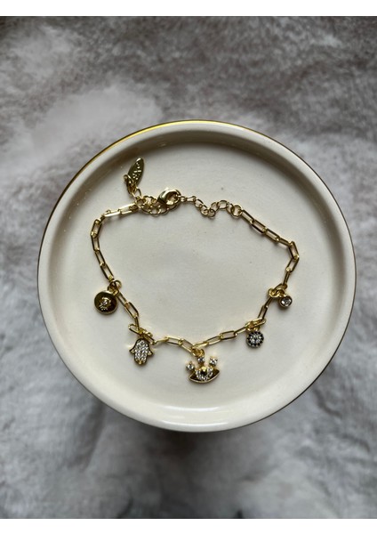 Bileklik Çelik Gold Altın Rengi Şans Sembolü Kadın Charm Bileklik – Nazar Boncuğu, Hamsa, Göz ve Taş Detaylı