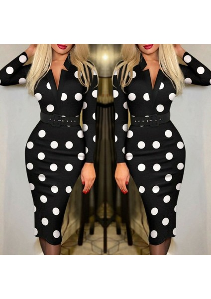 Kadın Uzun Kollu V Yaka Puantiyeli Krep Midi Boy Elbise modelleri