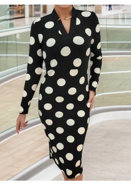 Kadın Uzun Kollu V Yaka Puantiyeli Krep Midi Boy Elbise