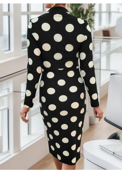 Kadın Uzun Kollu V Yaka Puantiyeli Krep Midi Boy Elbise