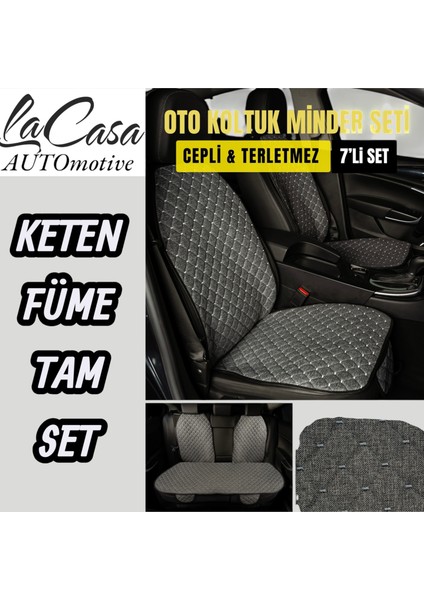 Terletmez Cepli Kaymaz Keten Oto Kılıf-Minder (7parça Set)Füme