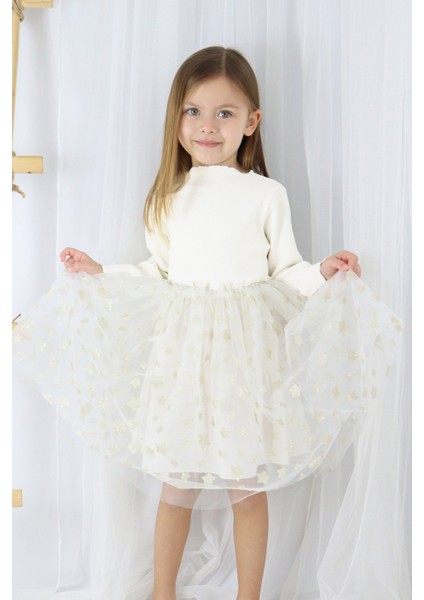 Ekru Yıldız Baskılı Tül Etekli Kız Çocuk Elbise - Karen