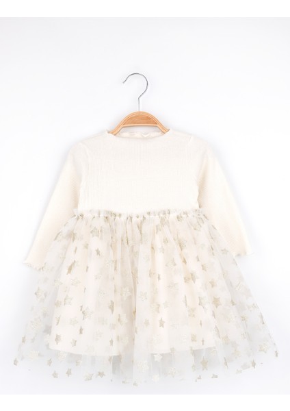 Ekru Yıldız Baskılı Tül Etekli Kız Çocuk Elbise - Karen