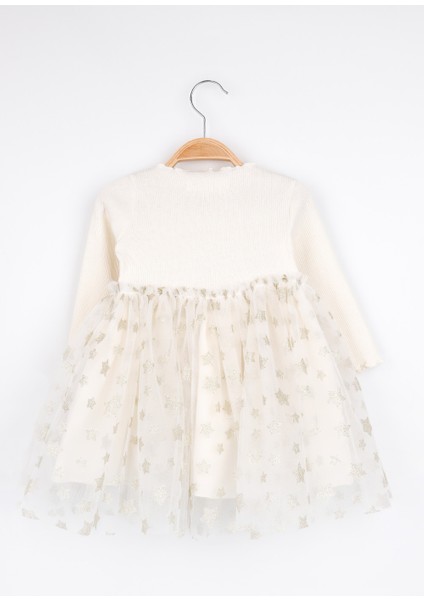 Ekru Yıldız Baskılı Tül Etekli Kız Çocuk Elbise - Karen