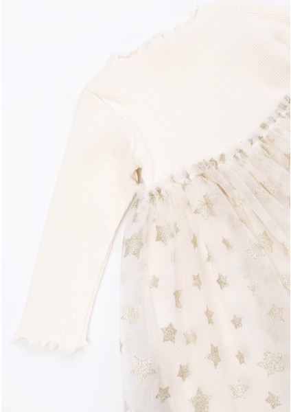 Ekru Yıldız Baskılı Tül Etekli Kız Çocuk Elbise - Karen