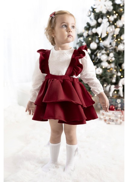 Bordo Uzun Kollu Askılı Etek Bluz Takım - Nessa