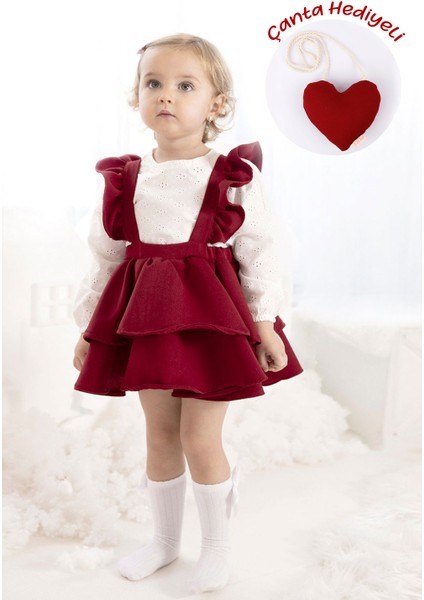 Bordo Uzun Kollu Askılı Etek Bluz Takım - Nessa