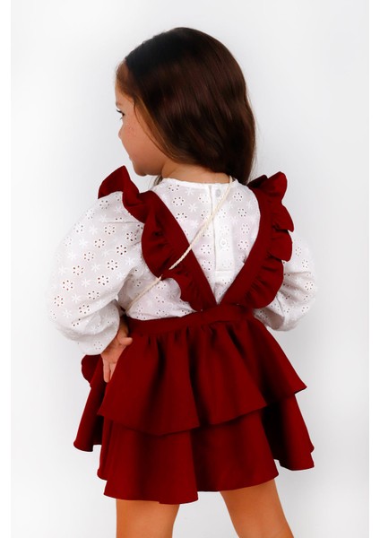 Bordo Uzun Kollu Askılı Etek Bluz Takım - Nessa