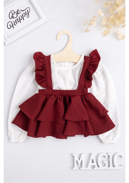 Bordo Uzun Kollu Askılı Etek Bluz Takım - Nessa