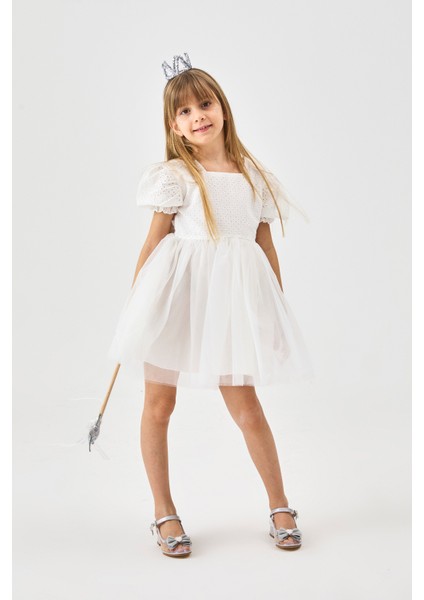 Beyaz Kısa Kollu Fisto Bluzlu Tül Etekli Kız Çocuk Elbise - Marcia indirimleri