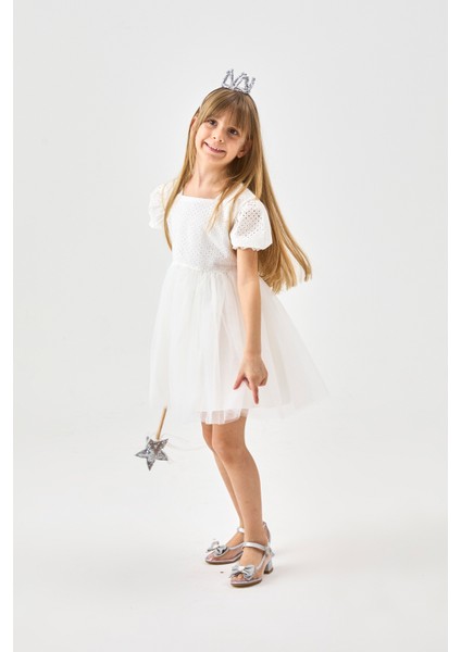Beyaz Kısa Kollu Fisto Bluzlu Tül Etekli Kız Çocuk Elbise - Marcia