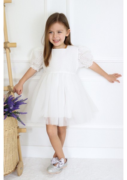 Beyaz Kısa Kollu Fisto Bluzlu Tül Etekli Kız Çocuk Elbise - Marcia
