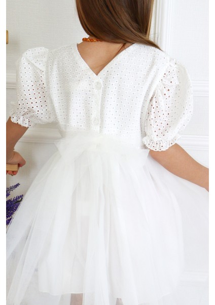 Beyaz Kısa Kollu Fisto Bluzlu Tül Etekli Kız Çocuk Elbise - Marcia