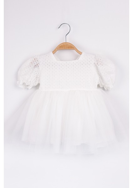Beyaz Kısa Kollu Fisto Bluzlu Tül Etekli Kız Çocuk Elbise - Marcia