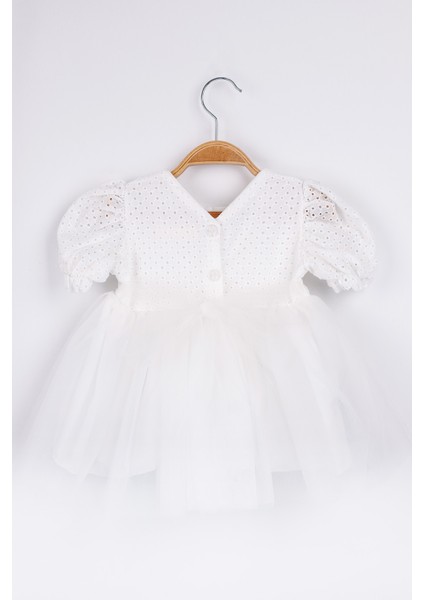 Beyaz Kısa Kollu Fisto Bluzlu Tül Etekli Kız Çocuk Elbise - Marcia
