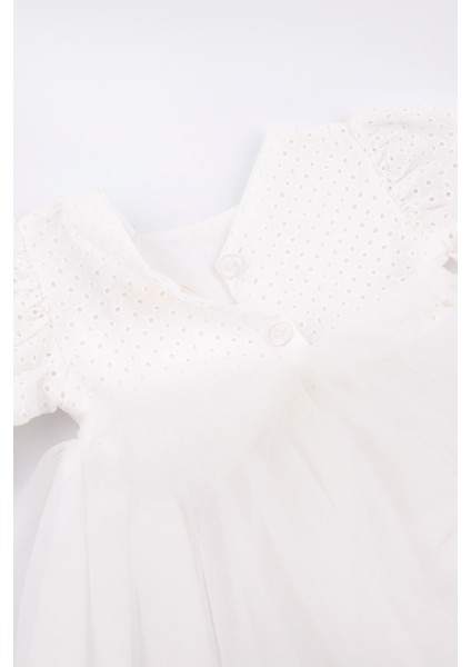 Beyaz Kısa Kollu Fisto Bluzlu Tül Etekli Kız Çocuk Elbise - Marcia