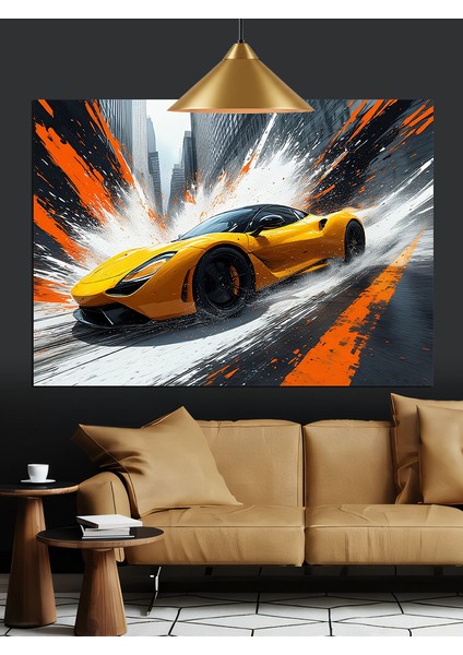 Hızla Parlayan Sarı Spor Araba Dekoratif Kanvas - Mdf Ahşap Tablo fiyatları