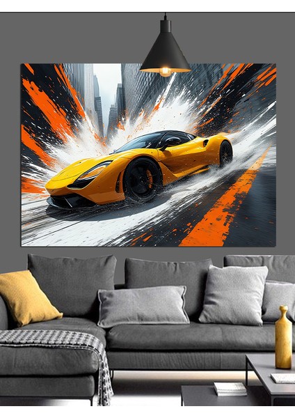 Hızla Parlayan Sarı Spor Araba Dekoratif Kanvas - Mdf Ahşap Tablo modelleri