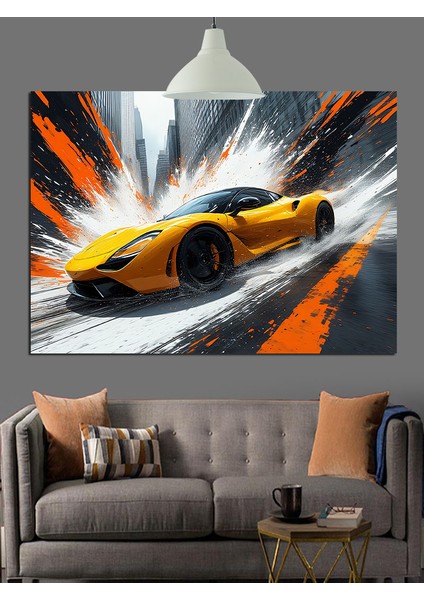 Hızla Parlayan Sarı Spor Araba Dekoratif Kanvas - Mdf Ahşap Tablo fırsatları