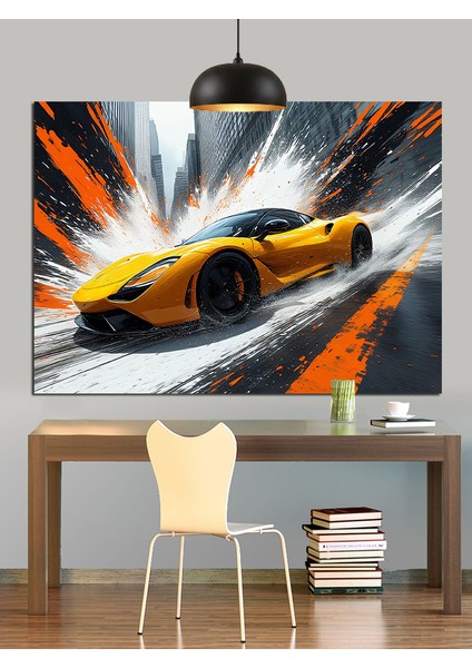 Hızla Parlayan Sarı Spor Araba Dekoratif Kanvas - Mdf Ahşap Tablo indirimleri