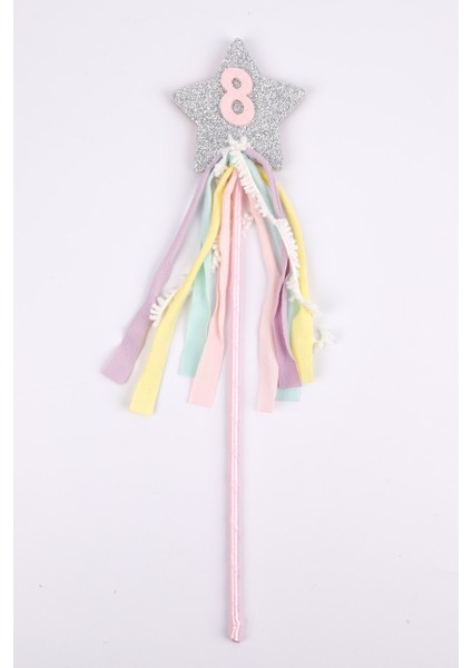 Pembe 8 Yaş Püsküllü Yıldız Kız Çocuk Parti Asa Taç Set