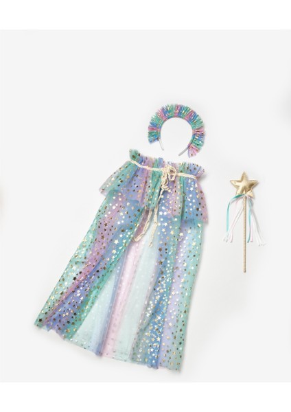 Çok Renkli Yıldız Baskılı Kız Çocuk Yıldızlı Pelerin Asa ve Taç Set